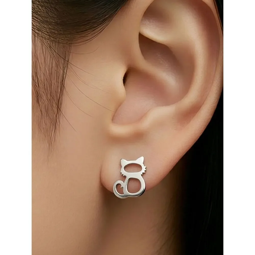 Cat Outline Stud Earrings Dainty Silver Stainless Steel Minimalist Pet Lover